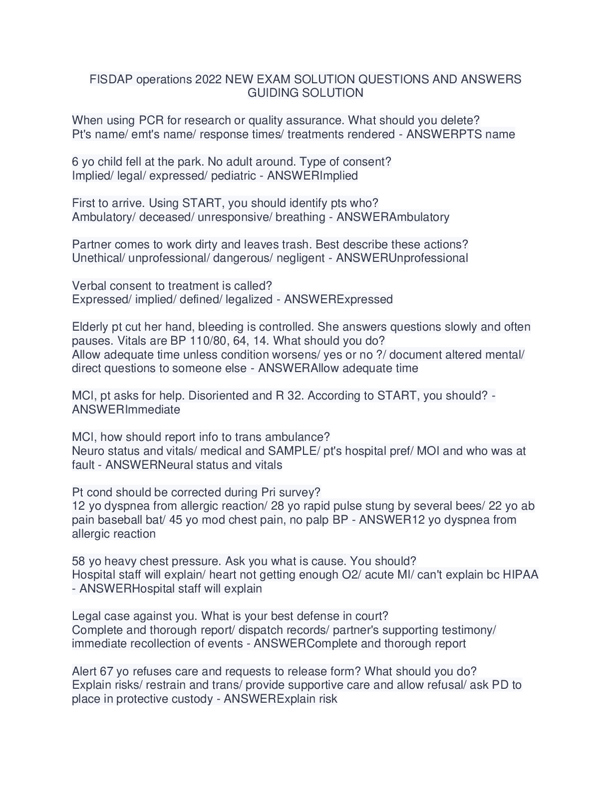Preview image for FISDAP operations 2022 NEW EXAM SOLUTION QUESTIONS AND ANSWERS  GUIDING SOLUTION